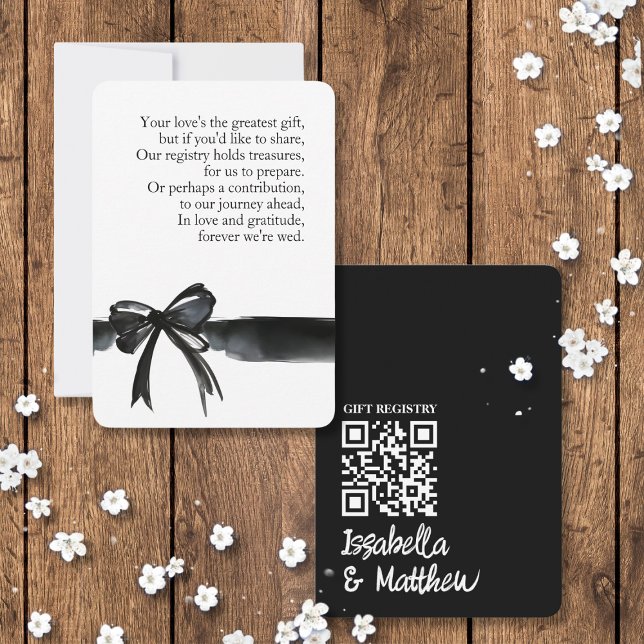 Black White Bow Wedding Gift Registry Poem QR Card (gift registry cards with Watercolor bow black white for elegant modern simple wedding photo custom )
