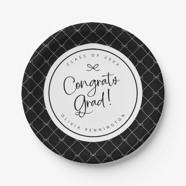 Black White Bows Congrats Grad Graduation Party Paper Plate (Front)