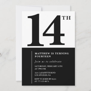 Black White Boy 14th birthday invitation Simple