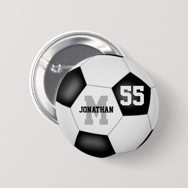 black white boys girls soccer personalized 2 inch round button (Front & Back)