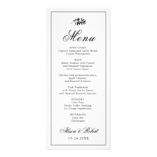 Black white branch Old Money wedding menu card