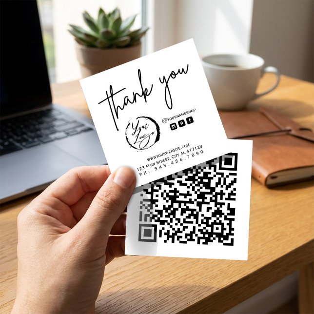 Black White Branding Thank You Square Business Card (Black White Branding Thank You Square Business Card #thankyoubranding #logoqrcode #supportbusiness)