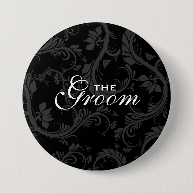 Black white "Bridal party" floral 3 Inch Round Button (Front)