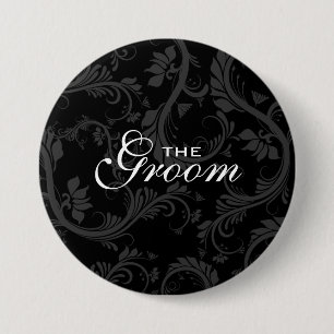Black white "Bridal party" floral 3 Inch Round Button
