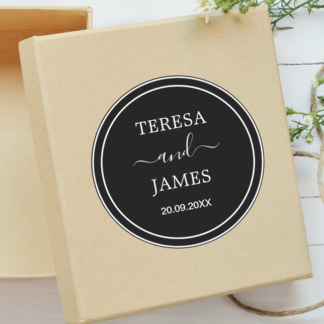 Black & White Bride Groom Name Date Wedding Favour Classic Round Sticker (Creator Uploaded)