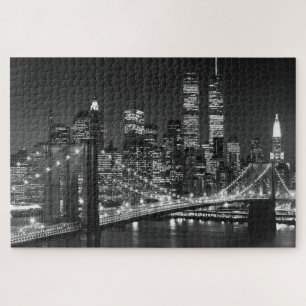 Black White Brooklyn Bridge New York Night Jigsaw Puzzle