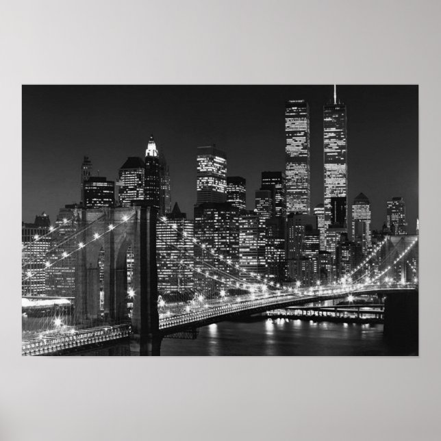Black White Brooklyn Bridge New York Night Poster (Front)