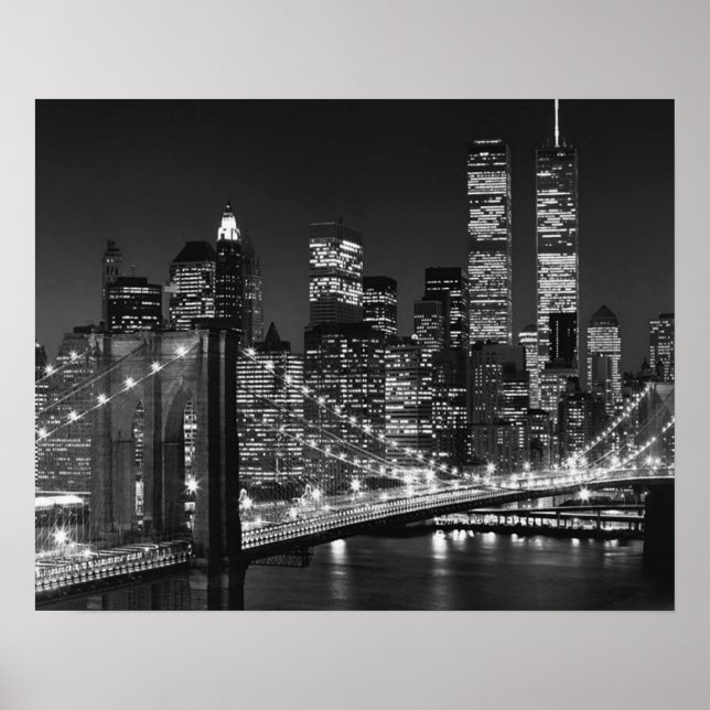 Black White Brooklyn Bridge New York Night Poster (Devant)
