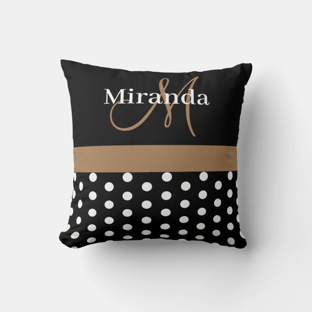 Black White Brown Monogram Script Polka Dots Throw Pillow (Front)