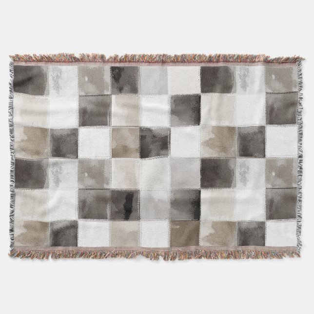 Black White Brown Squares Throw Blanket (Front)