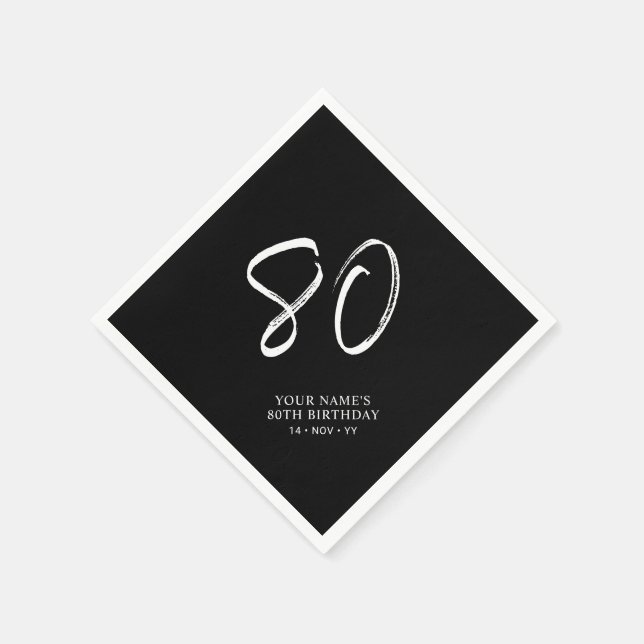 Black & White | Brush Script 80th Birthday Party  Napkin (Corner)