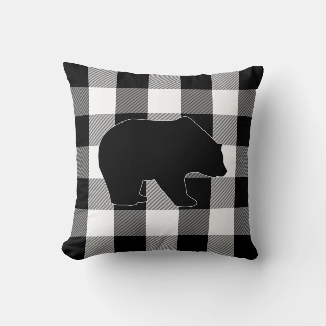 Black White Buffalo Check | Lumberjack Plaid Bear Throw Pillow (Front)