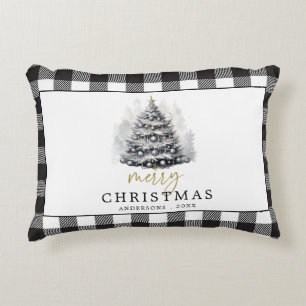 Black White Buffalo Check Plaid Merry Christmas Accent Pillow