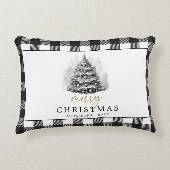 Black White Buffalo Check Plaid Merry Christmas Accent Pillow (Front)