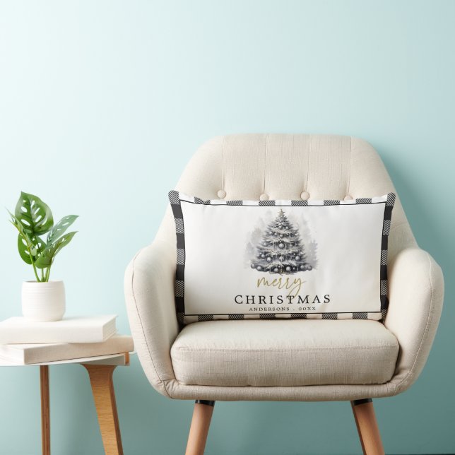 Black White Buffalo Check Plaid Merry Christmas Lumbar Pillow (Chair)