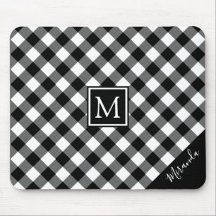 Black & White Buffalo Check Plaid Monogram Name Mouse Pad