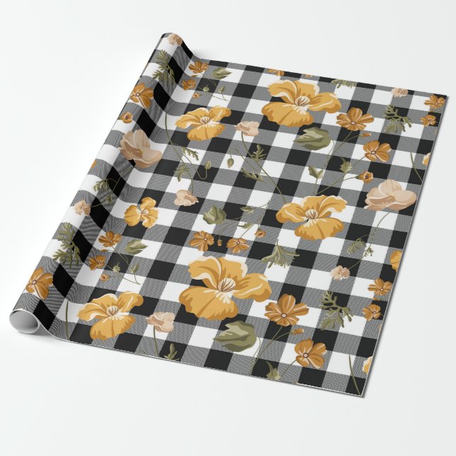 Black White Buffalo Checks & Yellow Flowers Wrapping Paper (Unrolled)