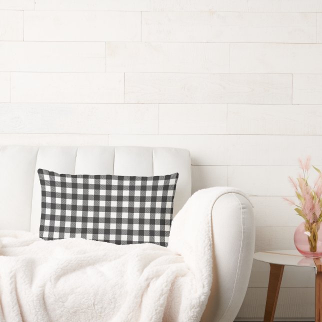 Black White Buffalo Gingham Check Plaid Holiday   Lumbar Pillow (Couch)