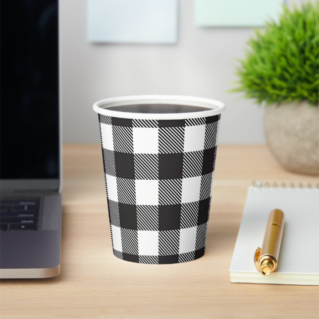 Black White Buffalo Gingham Check Plaid Holiday   Paper Cups (Insitu)