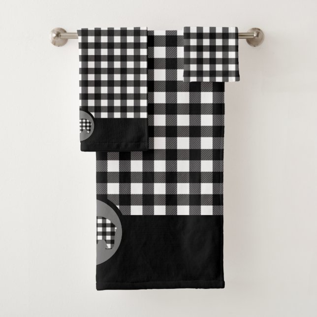 Black White Buffalo Plaid Bear Bath Towel Set (Insitu)