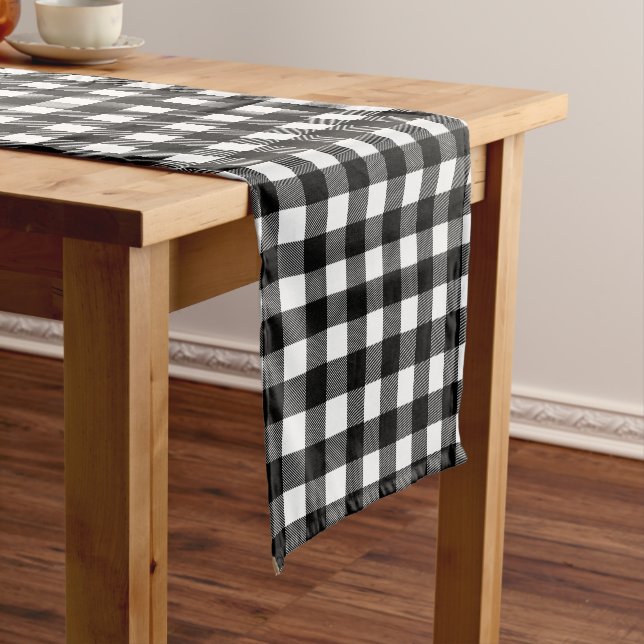 Black & White Buffalo Plaid, Chequered Decorative Short Table Runner (In Situ)
