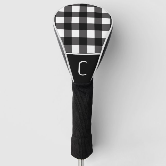 Black & White Buffalo Plaid Chequered Pattern Golf Head Cover (Front)