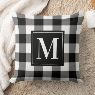 Black White Buffalo Plaid Christmas Monogram Throw Pillow