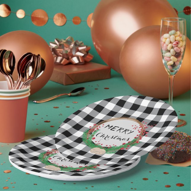 Black White Buffalo Plaid Christmas Paper Plates (Multi)