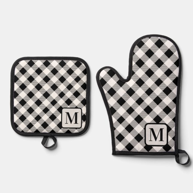 Black White Buffalo Plaid Gingham Monogram Cute  Oven Mitt & Pot Holder Set (Front)