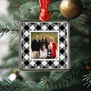 Black & White Buffalo Plaid Holiday Photo Metal Ornament