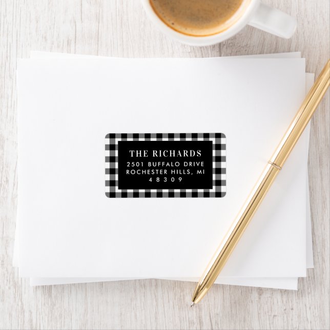 Black White Buffalo Plaid Holiday Return Address Label (Insitu)