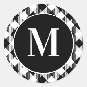 Black & White Buffalo Plaid Initial Monogram Classic Round Sticker