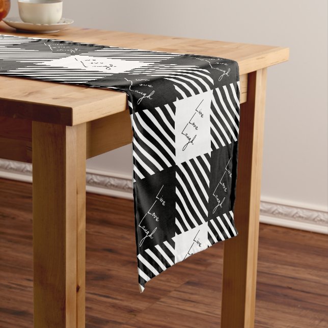 Black White Buffalo Plaid Live Love Laugh Short Table Runner (In Situ)