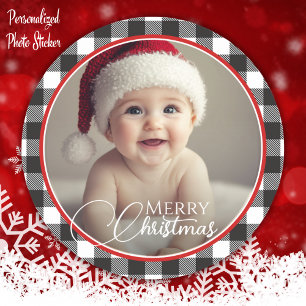 Black & White Buffalo Plaid Merry Christmas Photo Classic Round Sticker