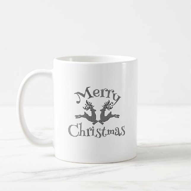 Black White Buffalo Plaid Merry Christmas Reindeer Coffee Mug (Left)