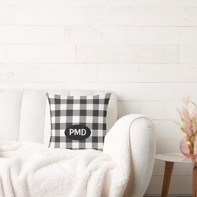 Black White Buffalo Plaid Monogram Initials Throw Pillow (Couch)