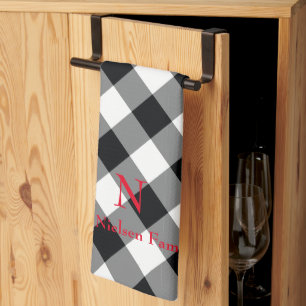 Black White Buffalo Plaid Monogram Kitchen Towel