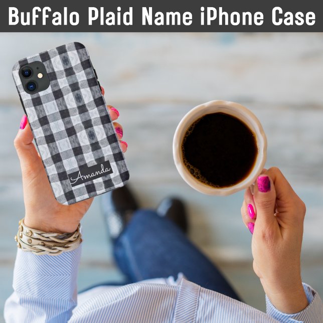 black & white buffalo plaid name Case-Mate iPhone case (Add Your Name)