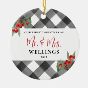 Black & White Buffalo Plaid Newlywed Mr and Mrs Ceramic Ornament