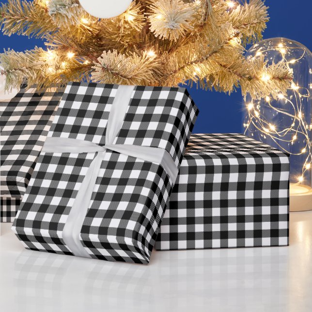 Black White Buffalo Plaid Pattern Christmas Gift Wrapping Paper (Holidays)