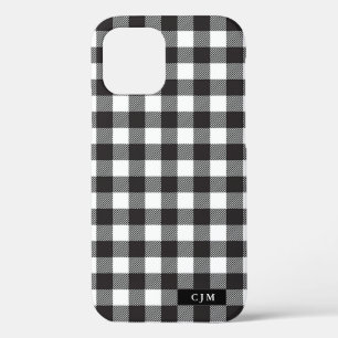 Black White Buffalo Plaid Pattern Monogram Rustic iPhone 12 Case