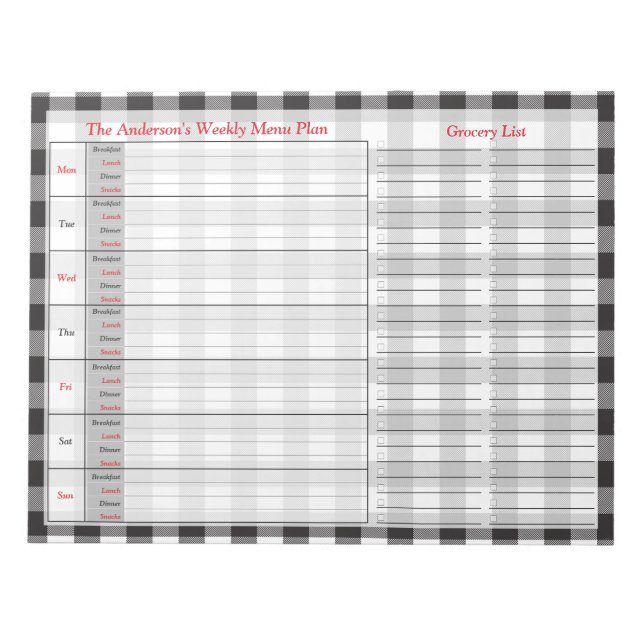 Black White Buffalo Plaid Personalized Menu Plan Notepad (Front)