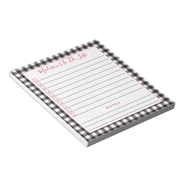 Black White Buffalo Plaid Personalized To Do List Notepad (Angled)
