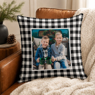 Black White Buffalo Plaid Photo Christmas Throw Pillow