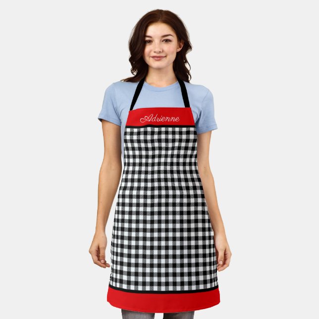 Black & White Buffalo Plaid Red Trim Personalized Apron (Worn)