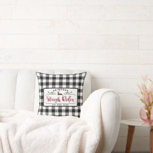 Black White Buffalo Plaid - Reindeer Sleigh Ride Throw Pillow