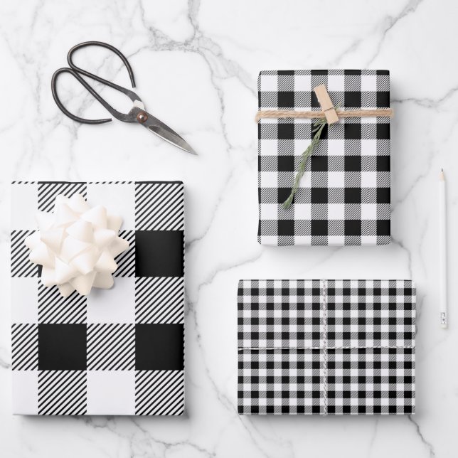 Black & White Buffalo Plaid Seamless Chequered Wrapping Paper Sheet (Front)
