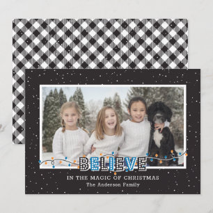 Black White Buffalo Plaid Snow Blue Believe Photo Holiday Card