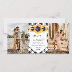 Black White Buffalo Plaid Sunflower Wedding Photo Thank You Card