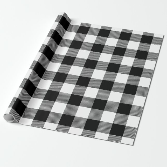Black White Buffalo Plaid Tartan Pattern Christmas Wrapping Paper (Unrolled)